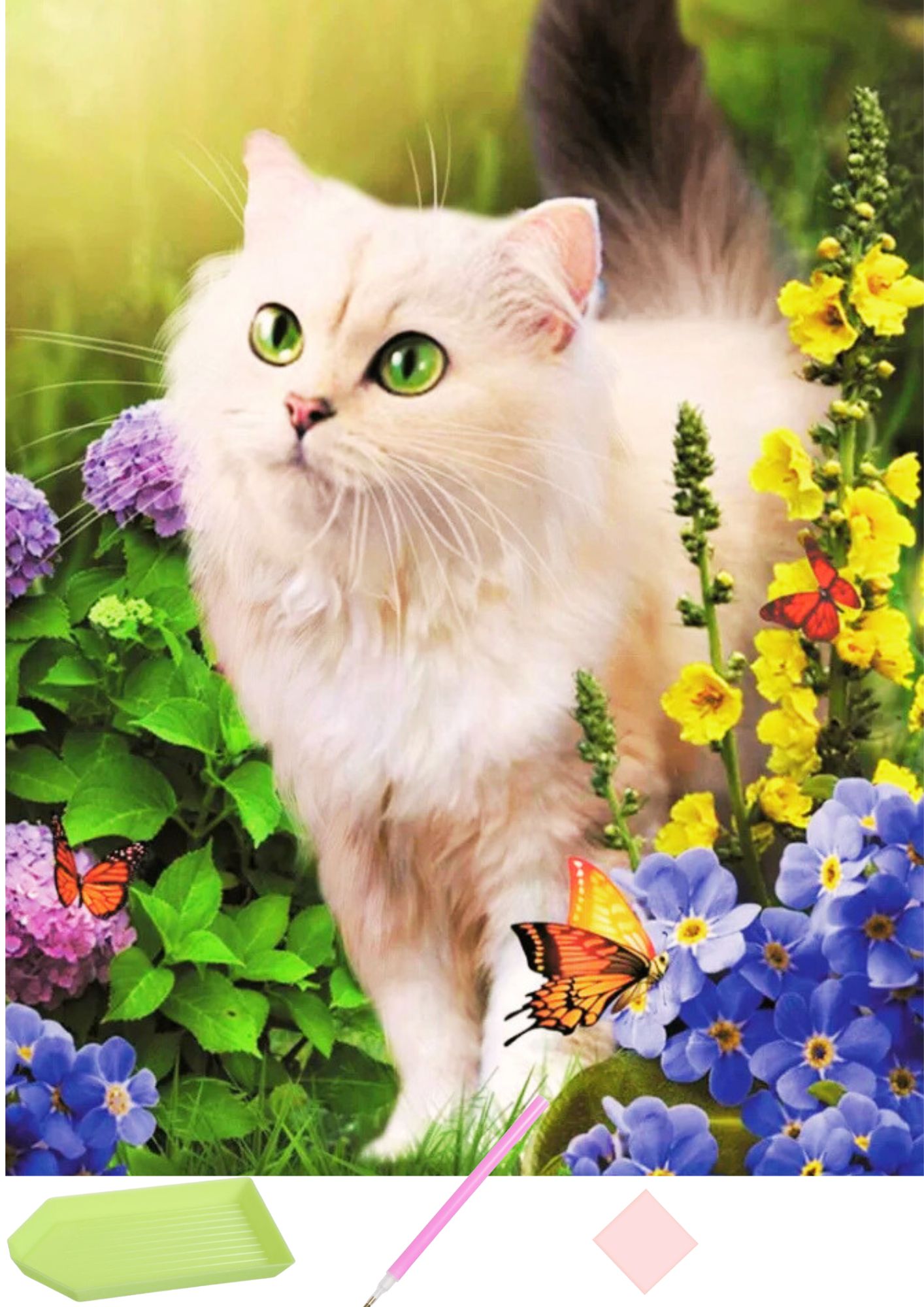 Неозаглавен дизайн (80) Диамантен гоблен Бяло коте, 30x40 см с подрамка - Код D20406 - Image 1