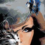 Картина за рисуване по номера „Жена, котка и синя птица" 40×50 см с подрамка – Код D20455