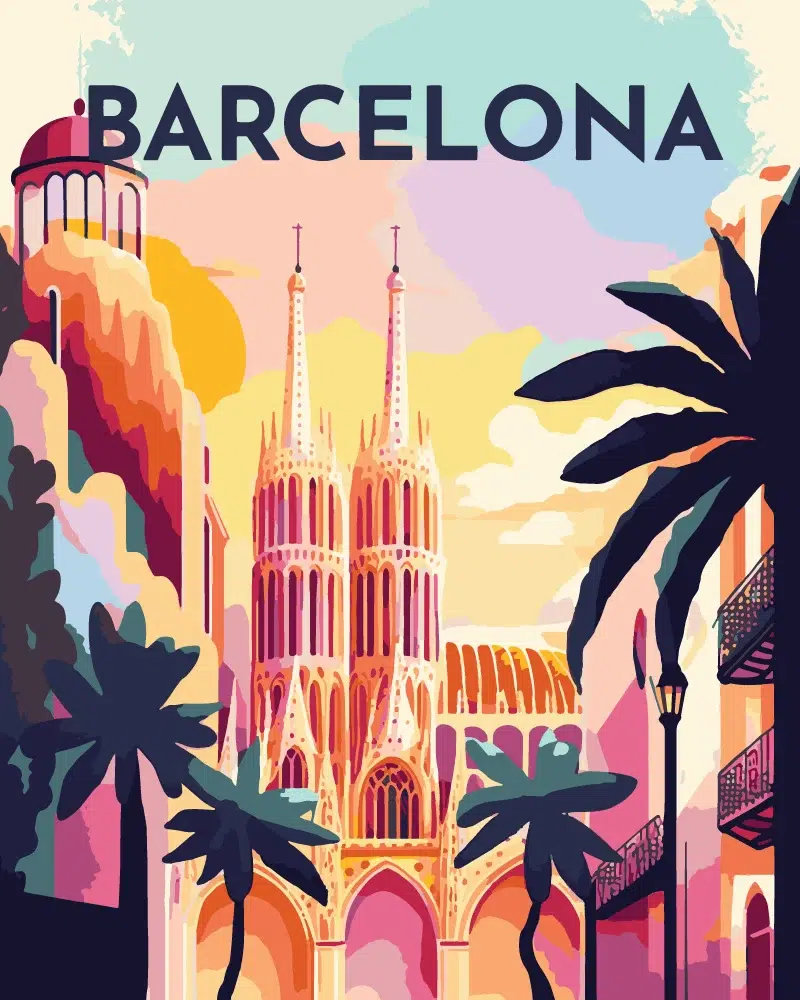 D20534 Картина за рисуване по номера „Барселона - Vintage Travel Poster“ 40×50 см с подрамка – Код D20534 - Image 1